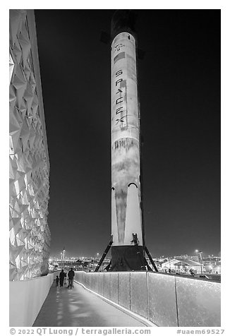 Falcon 9 rocket with space travel projection mapping show, USA Pavilion. Expo 2020, Dubai, United Arab Emirates (black and white)