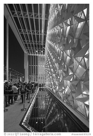 Walls of stars and reflecting pool at night, USA Pavilion. Expo 2020, Dubai, United Arab Emirates (black and white)