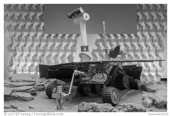 Model of Mars Exploration rover, USA Pavilion. Expo 2020, Dubai, United Arab Emirates (black and white)