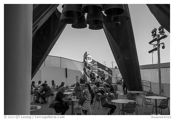 Rocket Garden with conversation on rocket stage, USA Pavilion. Expo 2020, Dubai, United Arab Emirates (black and white)