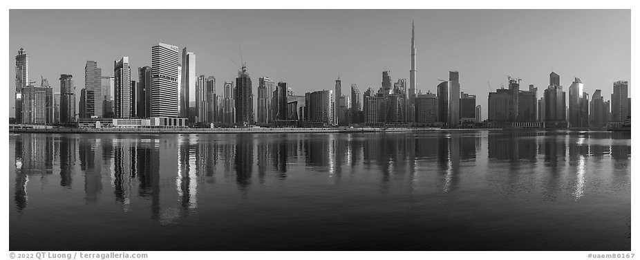 Downtown Dubai skyline from Business Bay. United Arab Emirates (black and white)