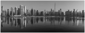 Downtown Dubai skyline from Business Bay. United Arab Emirates (Panoramic black and white)