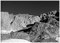 Alpinist approaching the Freney Pillars, Mont-Blanc, Italy. (black and white)
