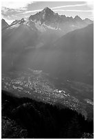 Mont Blanc range and Chamonix Valley, Alps, France. (black and white)