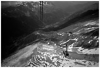 Cable car to Aiguille du Midi, Chamonix Valley in below. Alps, France (black and white)