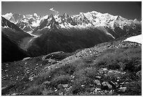 Mont Blanc range seen from the Aiguilles routes, Alps, France. (black and white)