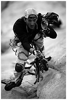 Valerio Folco ascending the rope. El Capitan, Yosemite, California (black and white)