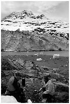 Cooking in front of Lamplugh Glacier. Glacier Bay National Park, Alaska (black and white)