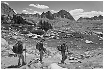 Hiking on trail, Dusy Basin. Kings Canyon National Park, California (black and white)