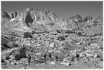 Hikers in Dusy Basin, morning. Kings Canyon National Park, California (black and white)