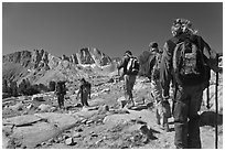 Close view of hikers, Dusy Basin. Kings Canyon National Park, California (black and white)