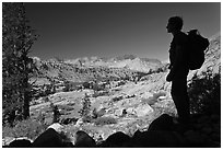 Hiker silhouetted, lower Dusy Basin. Kings Canyon National Park, California (black and white)