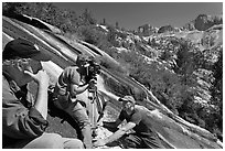 Crew filming a waterfall, lower Dusy Basin. Kings Canyon National Park, California (black and white)