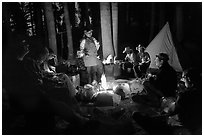 Dinner around night campfire, Le Conte Canyon. Kings Canyon National Park, California (black and white)