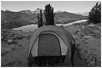 Tent and lake, dawn, Dusy Basin. Kings Canyon National Park, California (black and white)