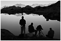 Film crew in action at lake, sunrise, Dusy Basin. Kings Canyon National Park, California (black and white)