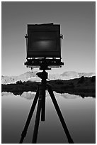 Large format camera with inverted image of mountain landscape on ground glass, Dusy Basin. Kings Canyon National Park, California (black and white)