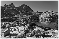 Breaking camp near lake, Dusy Basin. Kings Canyon National Park, California (black and white)