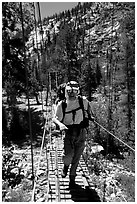 Crossing a river on a suspension bridge. Kings Canyon National Park, California (black and white)