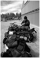Trailer loaded with backpacking gear. Lake Clark National Park, Alaska (black and white)