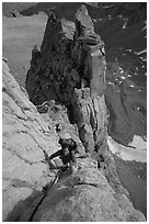 Man climbing East face of Mt Whitney. Sequoia National Park, California (black and white)