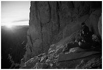 Mountaineers on a bivy on Mt Whitney at sunrise. Sequoia National Park, California (black and white)