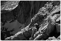Mountaineer among broken rocks in the East face of Mt Whitney. Sequoia National Park, California (black and white)