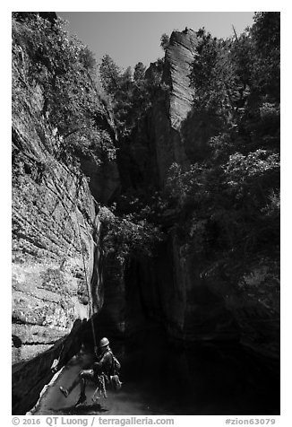 Canyoneer about to land in pool in open section of Das Boot. Zion National Park (black and white)