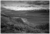 Tundra, braided rivers, Alaska Range in the evening from Polychrome Pass. Denali National Park ( black and white)
