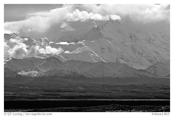 Mt Mc Kinley in the clouds from Wonder Lake area. Denali National Park (black and white)