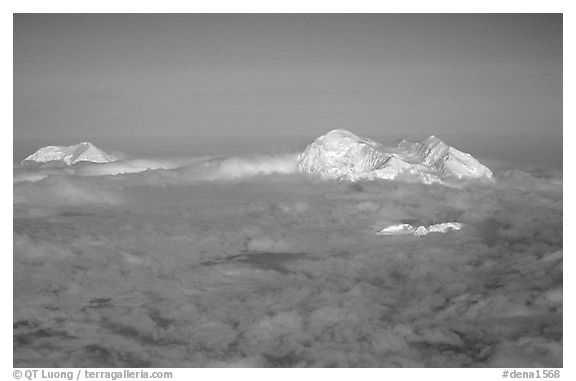 Mt Foraker and Mt Mc Kinley emerge from a sea of clouds. Denali National Park (black and white)