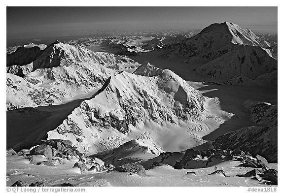 Kahilna peaks and Mt Foraker seen from 16000ft on Mt Mc Kinley. Denali National Park (black and white)