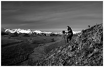 Photographer at Polychrome Pass. Denali National Park, Alaska, USA. (black and white)