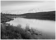 Wonder Lake and Mt McKinley at dusk. Denali National Park, Alaska, USA. (black and white)