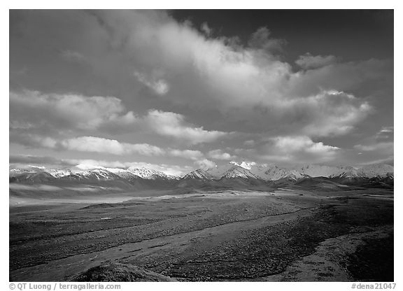 Wide braided rivers, Alaska Range, and clouds, late afternoon. Denali National Park (black and white)