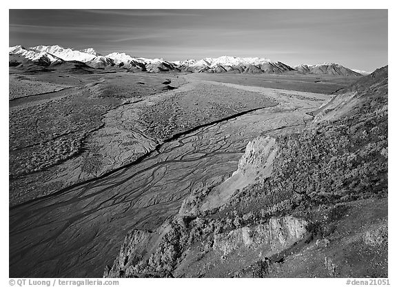 Braided river and Alaska Range from Polychrome Pass. Denali National Park (black and white)