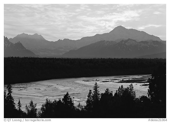 Mt Mc Kinley and Chulitna River at sunset from Denali State Park. Denali  National Park (black and white)