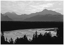 Mt Mc Kinley and Chulitna River at sunset from Denali State Park. Denali  National Park ( black and white)