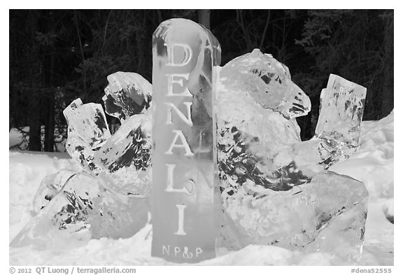 Ice sculpture with woman and bear. Denali National Park (black and white)