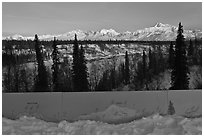 Interpretive sign, forest and Alaska range. Denali National Park ( black and white)
