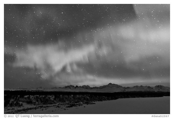 Aurora and stars above Alaska range. Denali National Park (black and white)