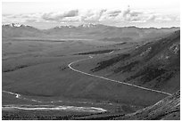 Savage River and park road from above. Denali National Park ( black and white)