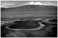 Aerial view of meandering river and mountains. Gates of the Arctic National Park, Alaska, USA. (black and white)