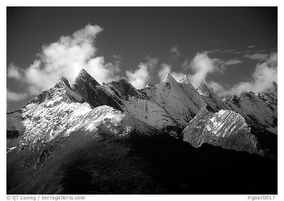 Aerial view of snowy Arrigetch peaks. Gates of the Arctic National Park (black and white)