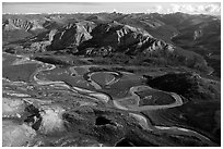 Aerial view of vast landscape of meandering Alatna river and mountains. Gates of the Arctic National Park, Alaska, USA. (black and white)