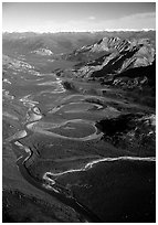 Aerial view of meanders of Alatna river and valley. Gates of the Arctic National Park, Alaska, USA. (black and white)