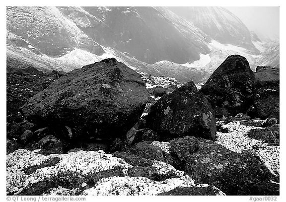 Boulders at the base of Arrigetch Peaks. Gates of the Arctic National Park (black and white)