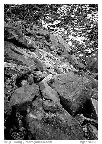 Lichen covered rocks at the base of Arrigetch Peaks. Gates of the Arctic National Park (black and white)