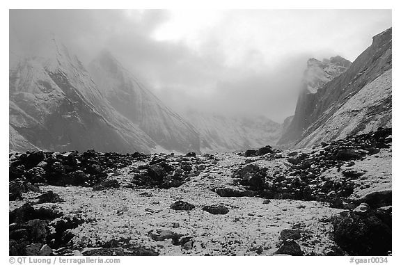 Fresh snow dusts the Arrigetch Peaks. Gates of the Arctic National Park (black and white)