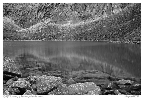 Lake in Aquarius Valley near Arrigetch Peaks. Gates of the Arctic National Park (black and white)
